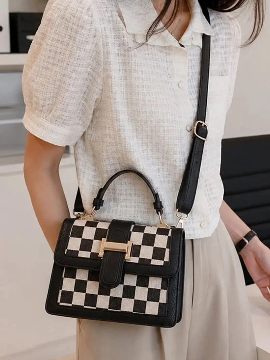 Black & White Checkered Top-Handle Crossbody Bag - Elegant Women's Handbag
