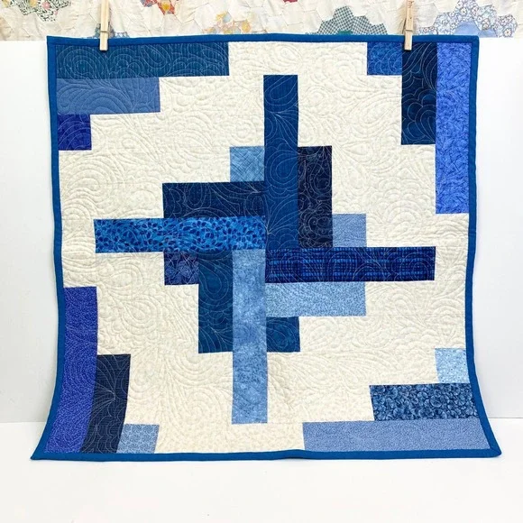 Handmade Blue Cream Geometric Quilted Wall Hanging Small Lap Blanket 24