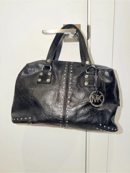 Michael Kors Black Silver-Tone Studded Leather Satchel Bag