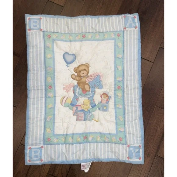 Vintage Little Bedding Red Calliope Horse Teddy Bear Baby Blanket Quilt Crib