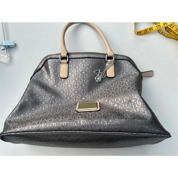 Guess Satchel Handbag Metallic Pewter Logo Embossed Tan Handles Leopard Lining‎