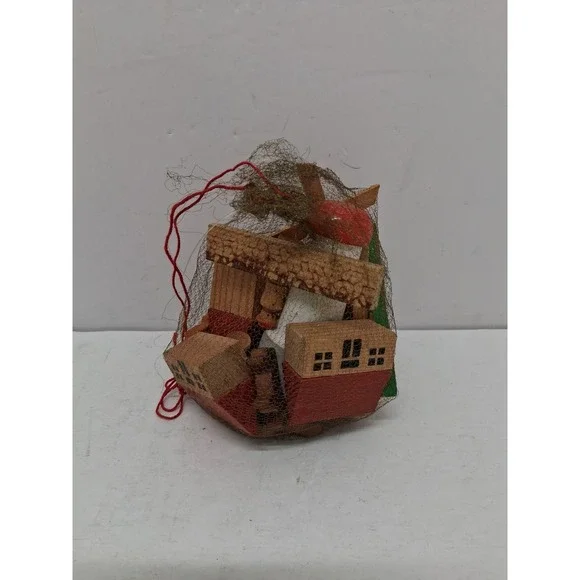Vintage Miniature Wooden Building Blocks Set Village Windmill Nutcracker Bag