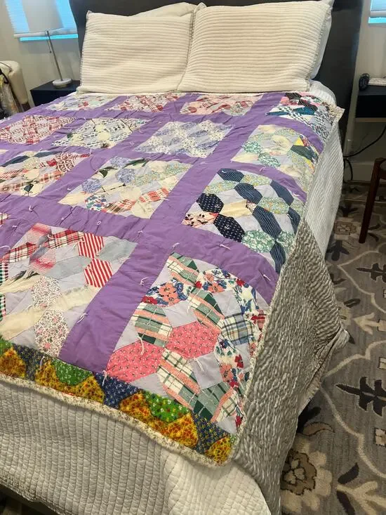 vintage 60-70's handmade patchwork quilt blanket twin size cottage core 6X5
