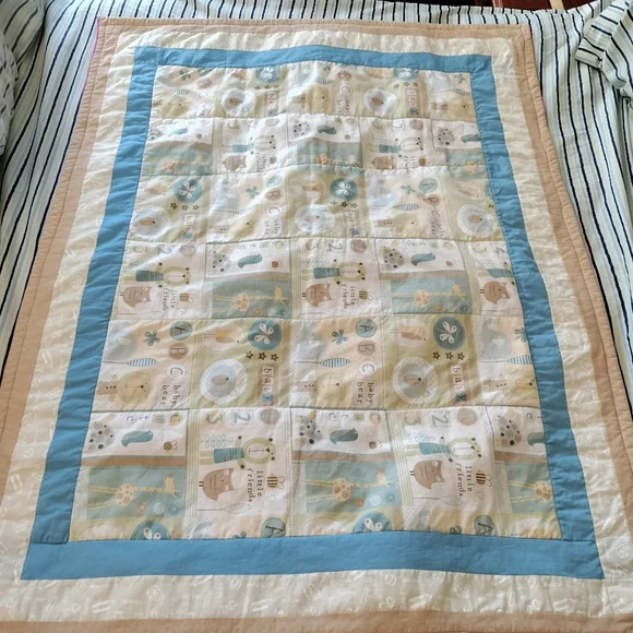 Reversible Unisex Cute Baby Bear Blue Tan Crib Quilt Pink Lime Green