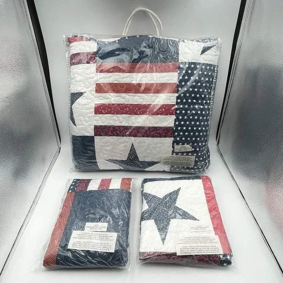 Americana Patch Full Queen Quilt Set 86x86 w/‎ 2 Shams Patriotic USA NIP