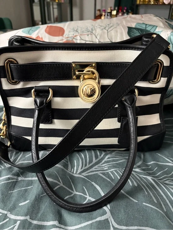 Michael Kors Black and White Striped Satchel with Gold Hardware