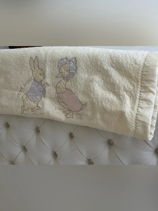 Vintage Quiltex Beatrix Potter Peter Rabbit Embroidered Satin Edge Baby Blanket
