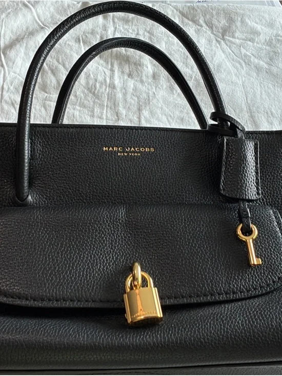 Marc Jacobs Black Pebbled Leather Satchel with Gold Padlock