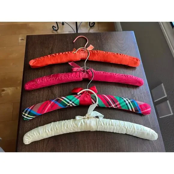 4 Vintage satin padded clothes hangers ribbon bows red orange cream