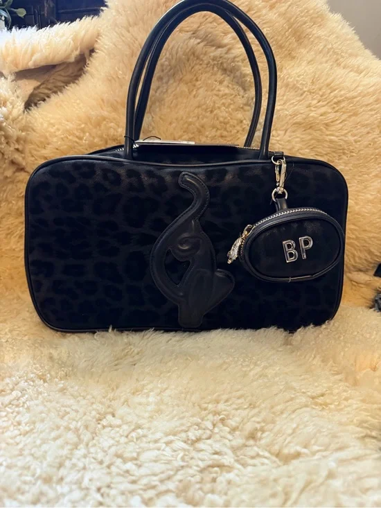 Baby Phat Black Leopard-Print Satchel with Elephant Applique