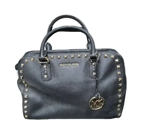 MICHAEL KORS Black Leather Dome Satchel with Gold Studs