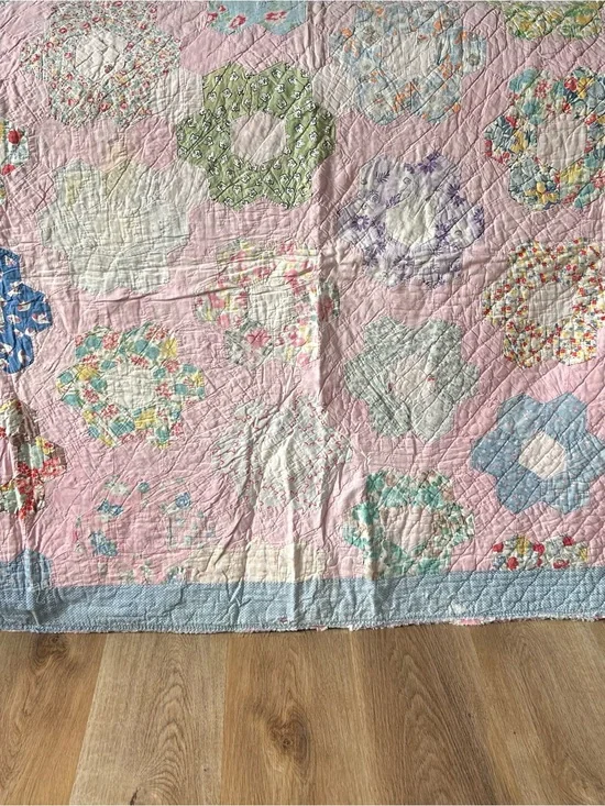 Vintage Handmade Grandmother’s Flower Garden Quilt