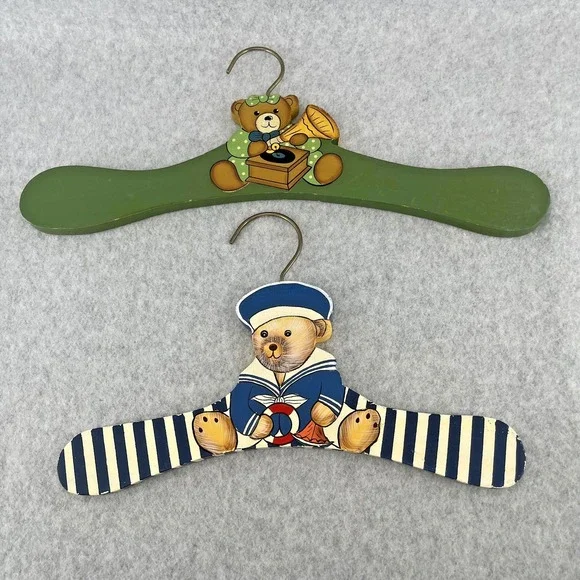 Teddy Bear Wooden Hangers Hand Painted 90s Kids Set Of 2 Striped‎ Nursery Decor