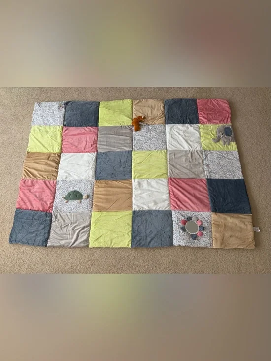 Plush Baby Quilted Activity Play Mat in Pink, Green, Gray & Tan 56