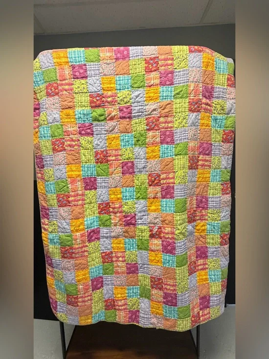 Vintage hand sewn colorful patchwork quilt postage stamp squares 84x84