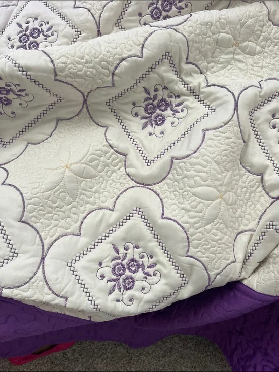 Southern Living At Home White and Purple Quilted Floral Coverlet