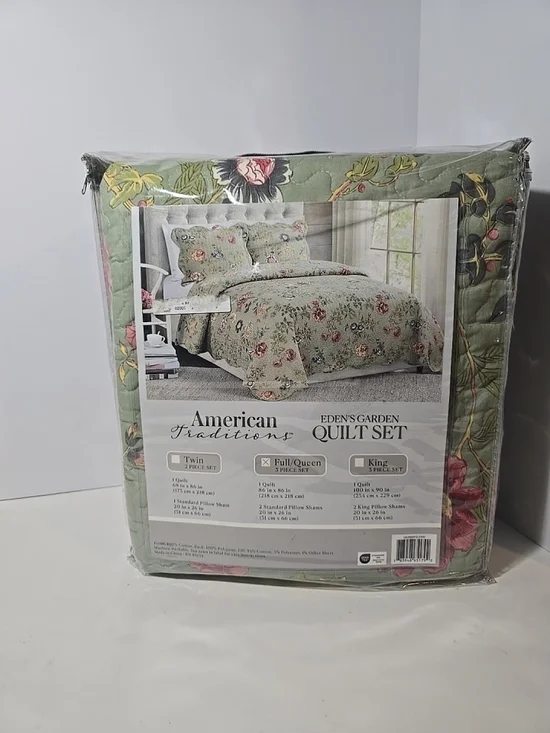 Eden's Garden Floral Quilt Set - Sage Green Full Queen New