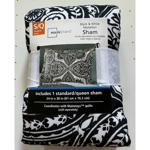 Mainstays Black & White Medallion Pillow Sham Standard Queen Quilted‎ NEW