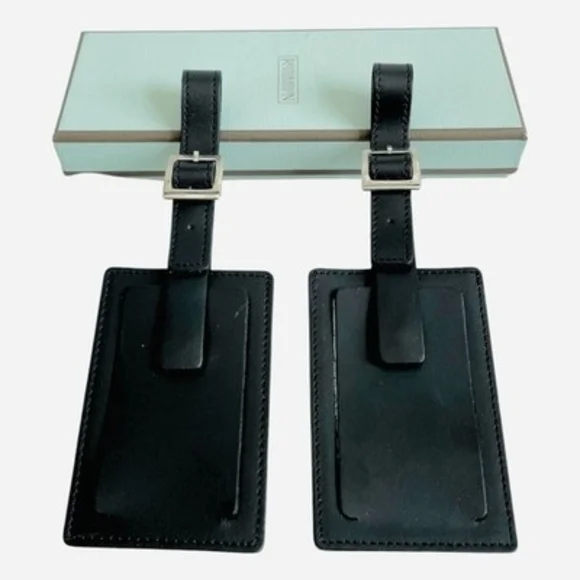 Set of 2 Restoration Hardware Black Leather Luggage Tags NIB Travel Accessory