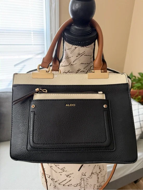 ALDO Black, Cream & Brown Colorblock Structured Satchel