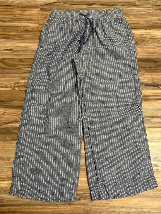 Quince European Linen Wide Leg Drawstring Pants Chambray Stripe Women XL Coastal