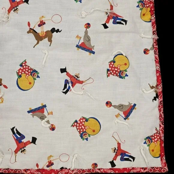 VTG Circus‎ Print Baby Quilt Blanket Tummy Time Clown Unisex White Blue 32x44
