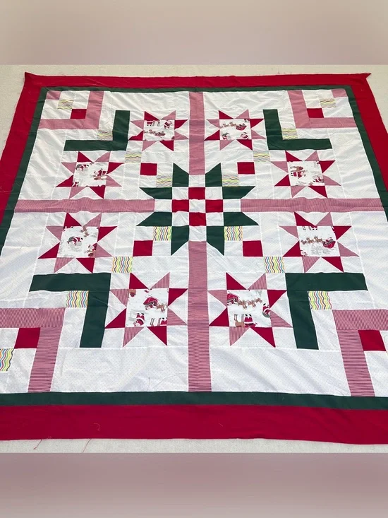 Handmade Peppermint Starlight Cotton Queen size Patchwork Quilt Top/Topper