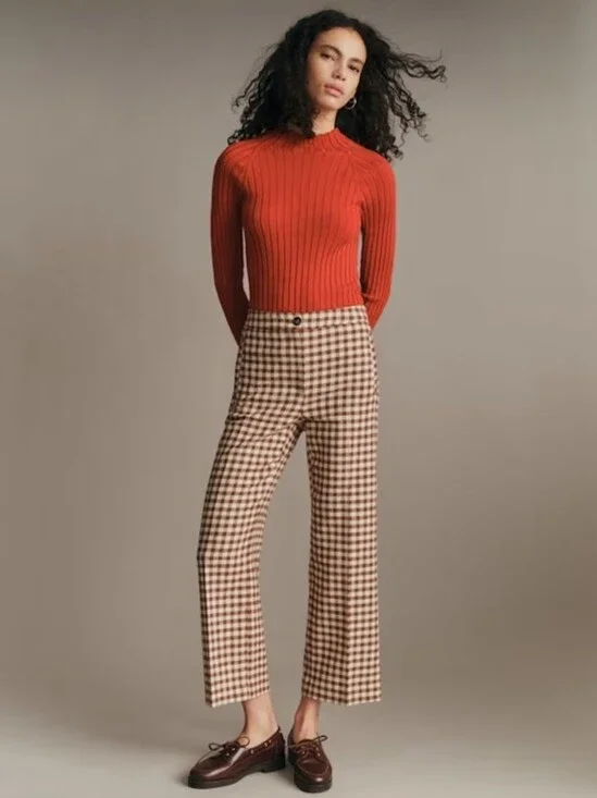 Sezane Martin Gringham Crop Tailored Trouser Size 36 Small 4 In Brown Ecru