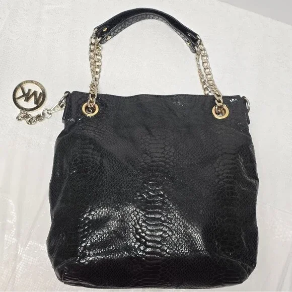Michael Kors Python Snakeskin Embossed Leather Black Chain Hand Bag Boho Chic