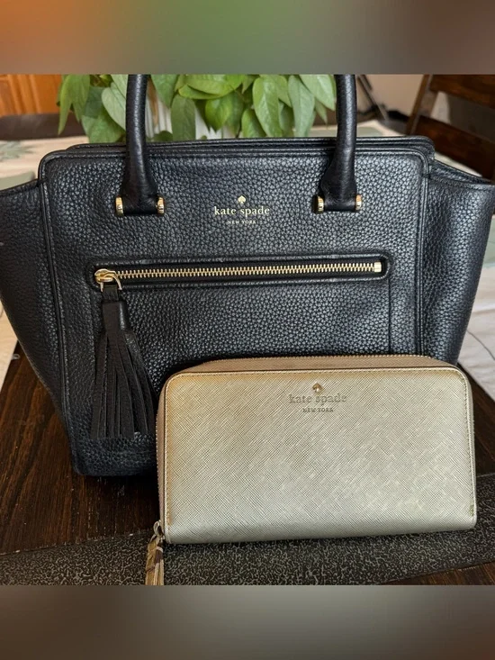 kate spade Black Pebbled Leather Satchel with Gold Zip Wallet