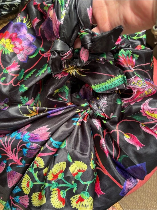 Zara Black Satin Knotted bag Scarf with bag Multicolor Floral Print