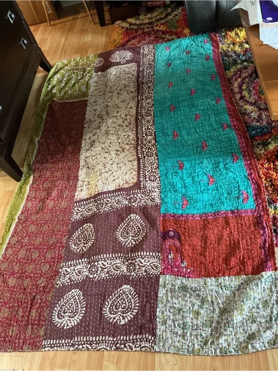 Tantha Handcrafted Patchwork Quilt Throw in Teal, Red, Brown and Cream