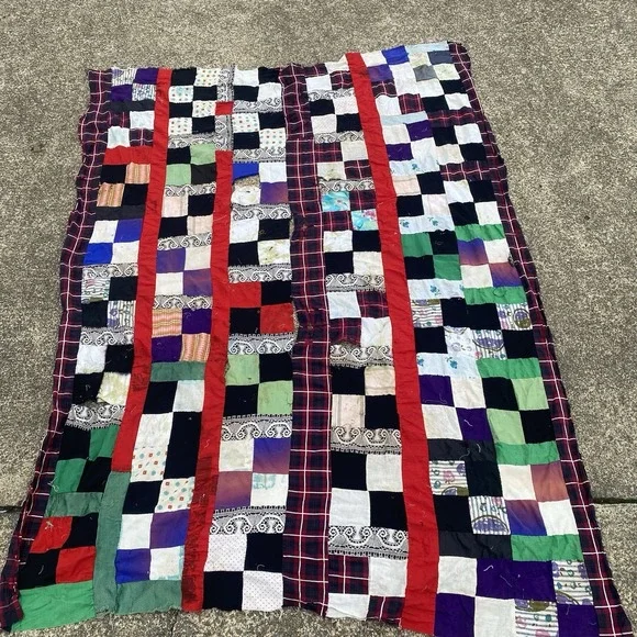 Vintage Patchwork Hand Stitched Squares Quilt Top 58x82 Has Open Seams See Pics