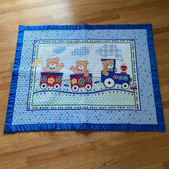 Teddy Bear Train Handmade‎ Quilt Satin Edges Baby Blanket Quilted Bear Nursery