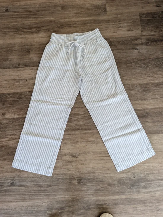 Quince Women's 100% European Linen Wide-Leg Drawstring Pants - Blue/White Stripe