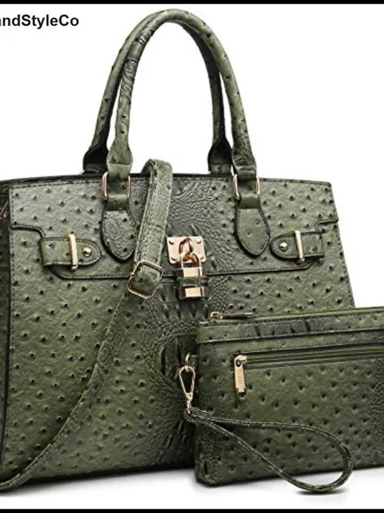 Vegan Leather Satchel Handbag & Matching Clutch Set with Shoulder Strap