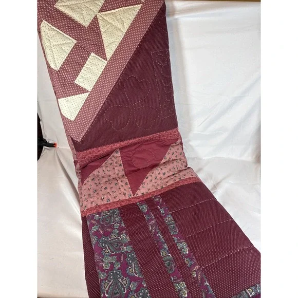 Handmade Patchwork Quilt Burgundy Floral Paisley Heart Stitched Farmhouse Rustic