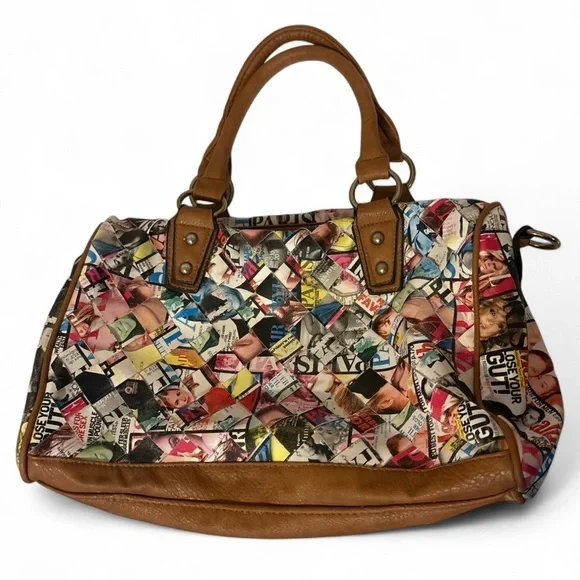 Funky Magazine Print Patchwork Tote Shoulder Bag Brown Trim 12x10x6 Y2K