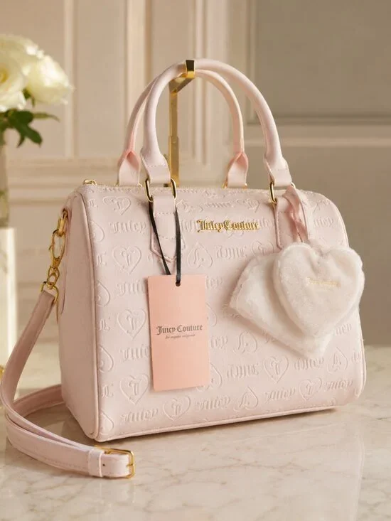 Juicy Couture Fame Pink Heart Embossed Satchel Crossbody Bag Charm NWT