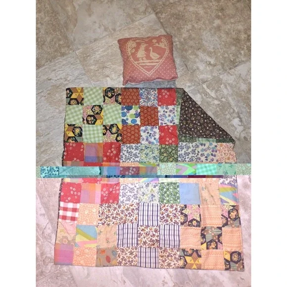 Vintage Handmade Patchwork Quilt &‎ Pillow (Doll Size)