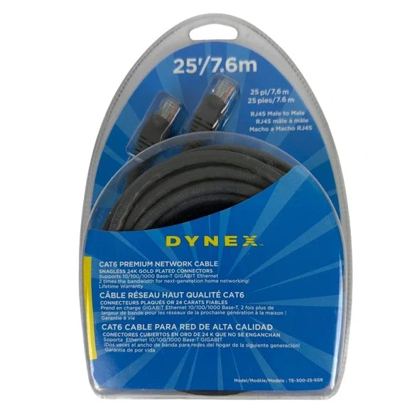 Dynex CAT6 Premium Network Cable 25ft Grey Snagless Gold Plated TE-500-25-SGR‎