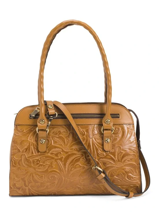 Patricia Nash Tan Embossed Leather Satchel with Floral Tooling