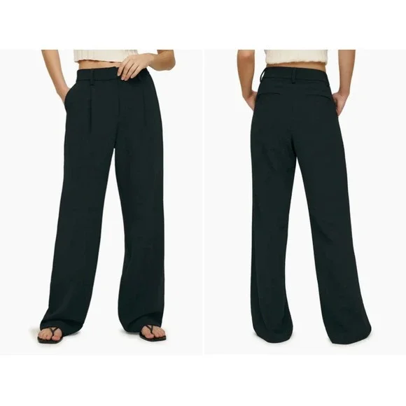 REFORMATION Trouser Pant 100% Linen Women's 10 Petite Black Wide Leg Chic Modern