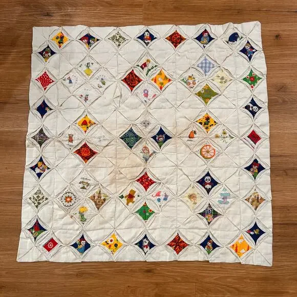 Vintage 70s Cathedral Window Quilt Winnie the Pooh Raggedy Ann Handmade 30x30 -