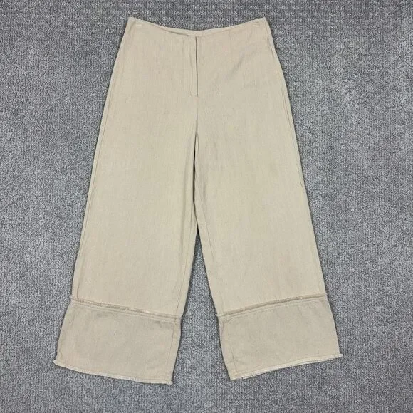 Zara Pants Womens Small Beige Linen Blend Wide Leg Crop Fringe Capsule Lagenlook