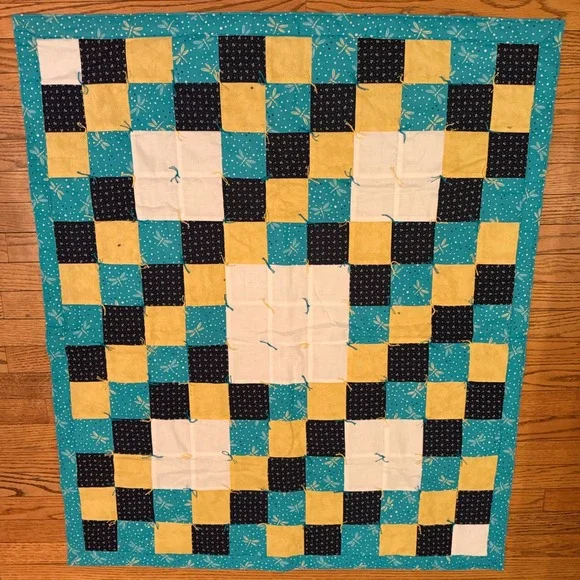 1.a.0.0.7.10 Handmade Tied Patchwork Quilt Teal Yellow Navy Dragonfly Religious