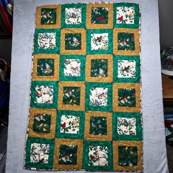 Handcrafted Bird Patchwork Tied Quilt 52x34 Green Gold Floral Reversable