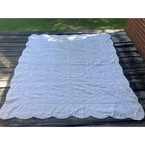 Cottagecore shabby chic farmhouse white on white cotton/crochet quilt 81