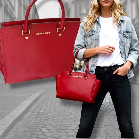 MIchael Kors SELMA‎ LARGE Saffiano Leather Satchel Handbag Cherry Red