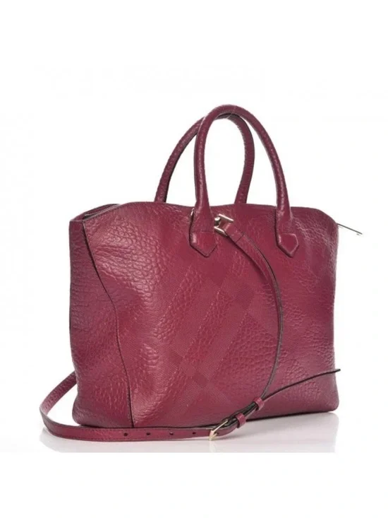 Burberry London Grainy Leather Check Medium Dewsbury Tote Bag Dark Plum NWOT